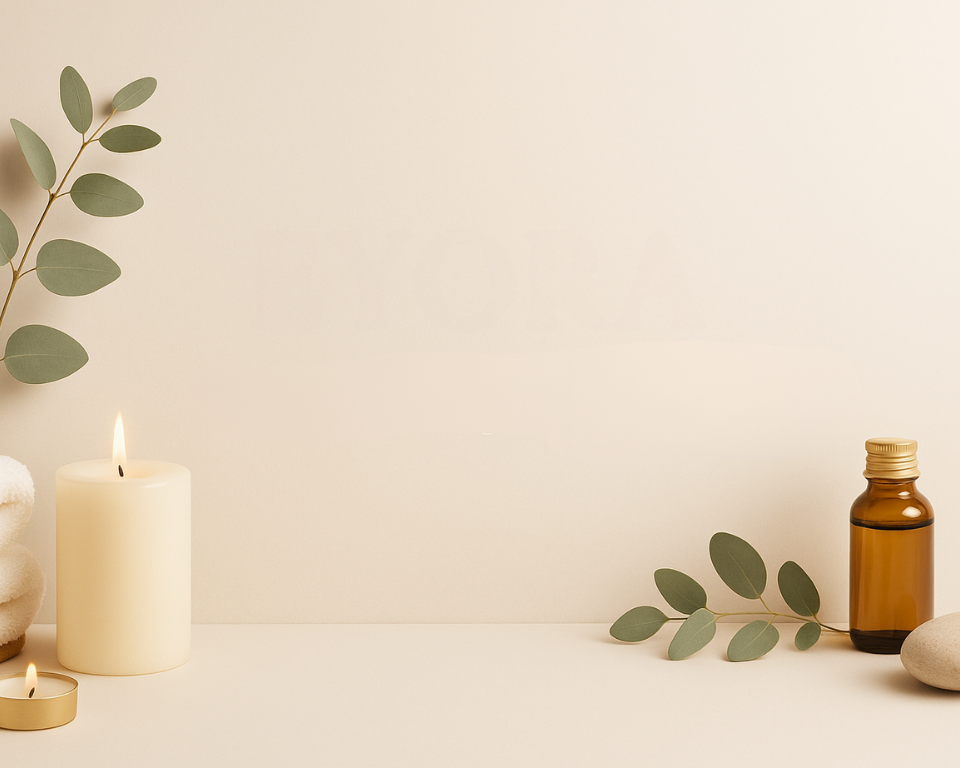 Candle, essential oil bottle, and eucalyptus leaves on a light background